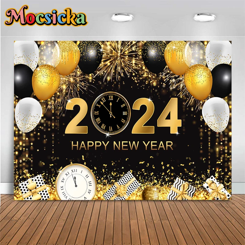 

2024 Happy New Year Backdrop Photography Gold Glitter Firework Champagne Balloons New Year Party Background Decor Photo Studio