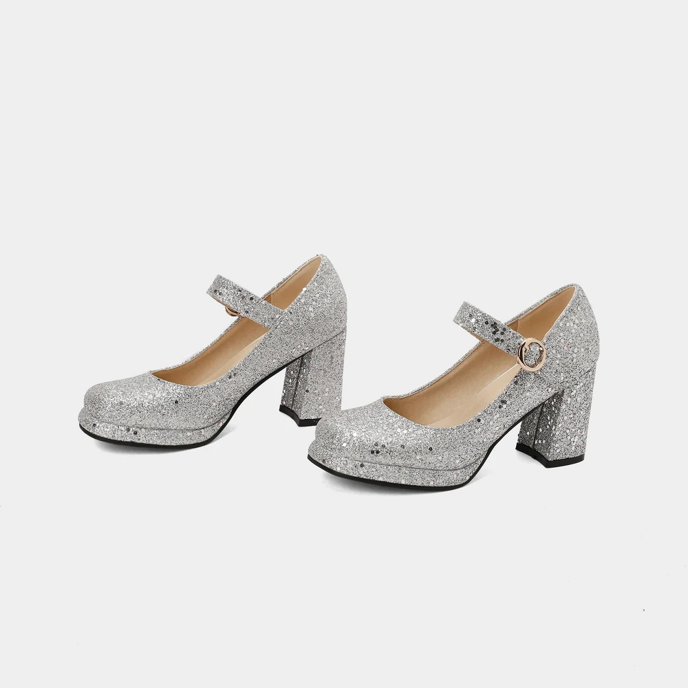 Scarpe Mary Jane Con Tacco Per Ragazze | Glitter Argento | Tomaia Lucente | Suola Antiscivolo | Taglia 35 EU