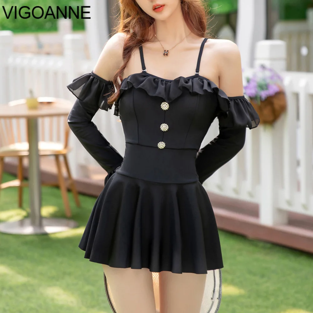 

VigoAnne Black Dress Swimwear Women 2023 Long Sleeve Push Up One Piece Swimsuit Korean Monokini Backless Summer Bathing Suit