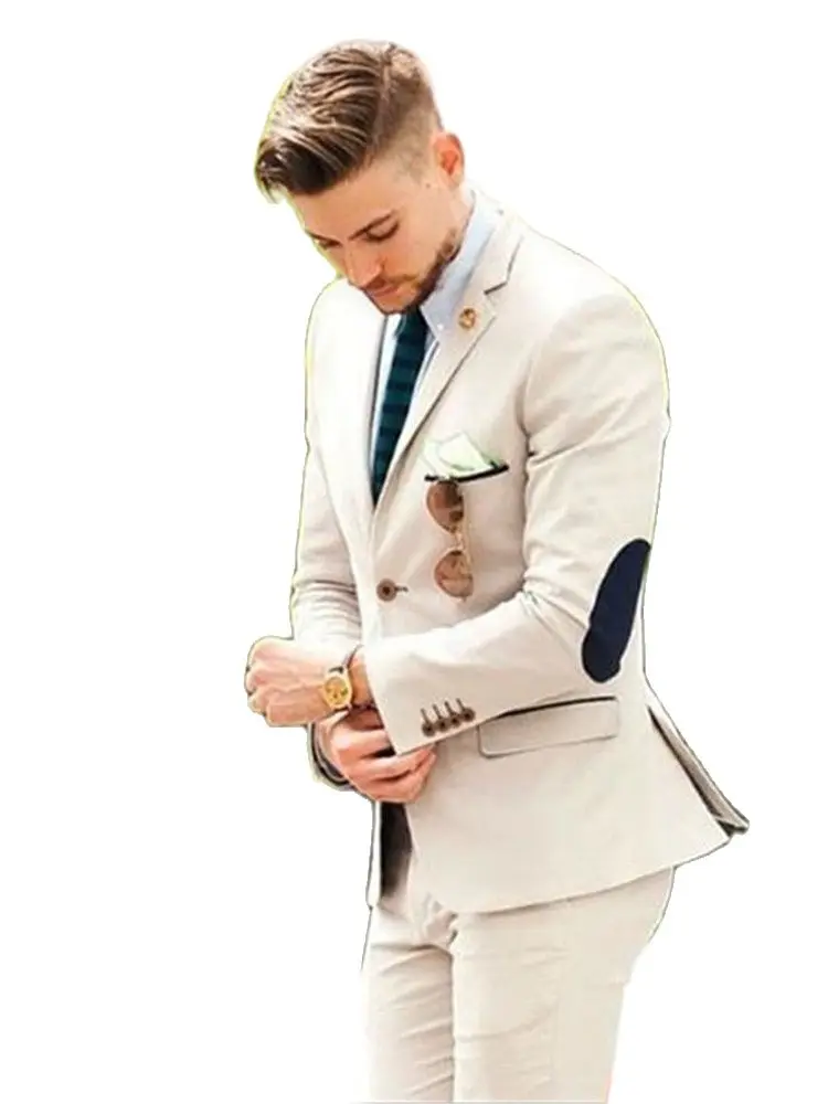 Mens Suits (Jacket+Pants) Latest Designs Beige Groom Tuxedos elbow patches 2 Pieces Wedding Prom Dinner Italian Man Suit Blazer 2