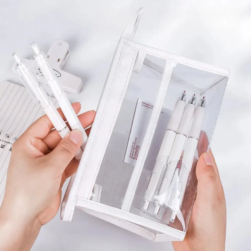 학생을위한 새로운 높은 미적 더블 레이어 투명 PVC 연필 케이스 세련되고 미니멀리스트 편지지 보관 가방