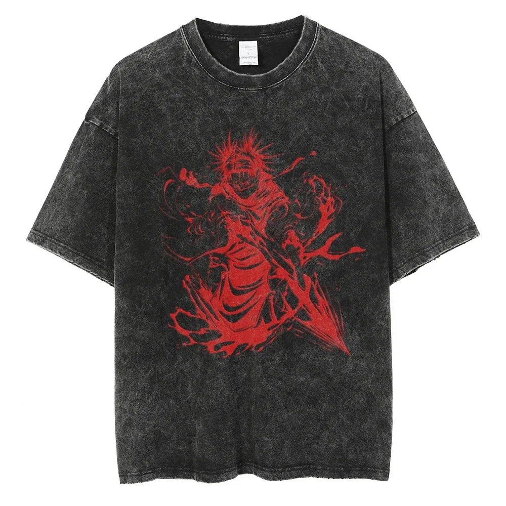 Men Vintage T-shirt Harajuku Anime Graphic Print T-Shirt Streetwear Summer Short Sleeve Cotton Washed Tees t shirt cotton t shirt