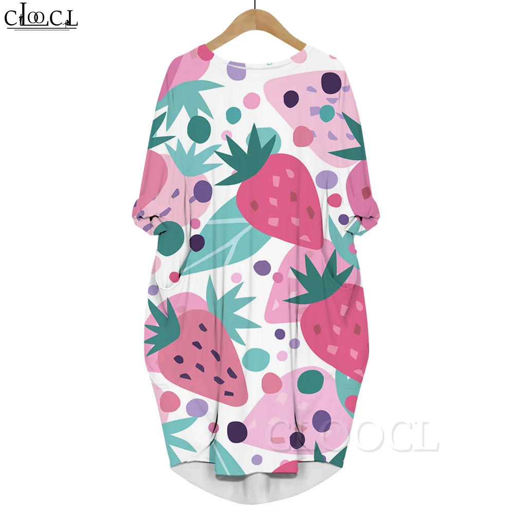 

CLOOCL Fashion Dress Watercolor Strawberry Pattern 3D Printed Loose Casual Dresses Long Sleeve with Pocket Spring Autumn Dress