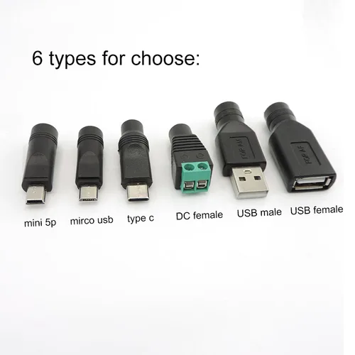 DC 전원 암 잭-미니 5 핀 USB A 수 암 Mirco C 타입 커넥터, 노트북용 전원 어댑터 플러그 커넥터, 5.5x2.1mm 3