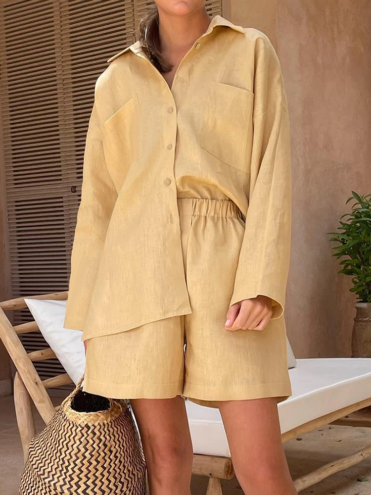 

Women Solid two Piece Set 2022 Casual Long Sleeve Shirt Tops And High Waist Shorts Outfit Summer Fashion Loose Matching Set