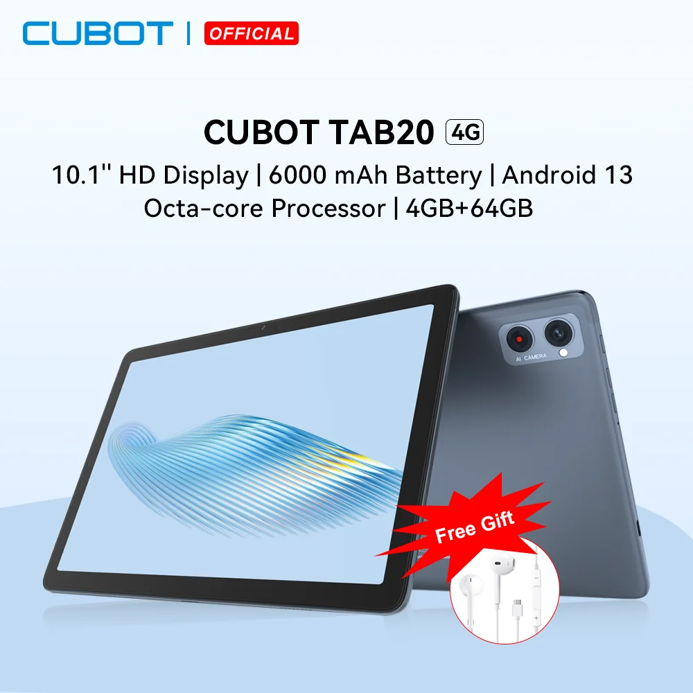 Cubot TAB 20, Wi-Fi tablette Android 13, Octa-core,Tactile tablette 10  pouces écran, batterie 6000mAh, 4 Go RAM, 64 Go ROM, 256Go Extensible, 4G  LTE, caméra 13MP, tablette PC, Pad, Tablet, GPS, Android