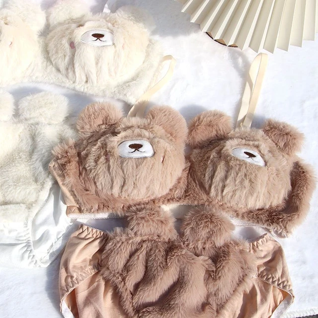 Japanese Girls Cute Lingerie For Women Cartoon Bear Students Plush Sexy  Bras Wireless Thin Bra Set