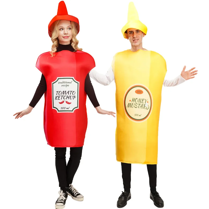 Unisex Mustard Ketchup Cosplay Adult Costume Funny Food roleplay Costume Couples Halloween Carnival Party CosplayCostume Women