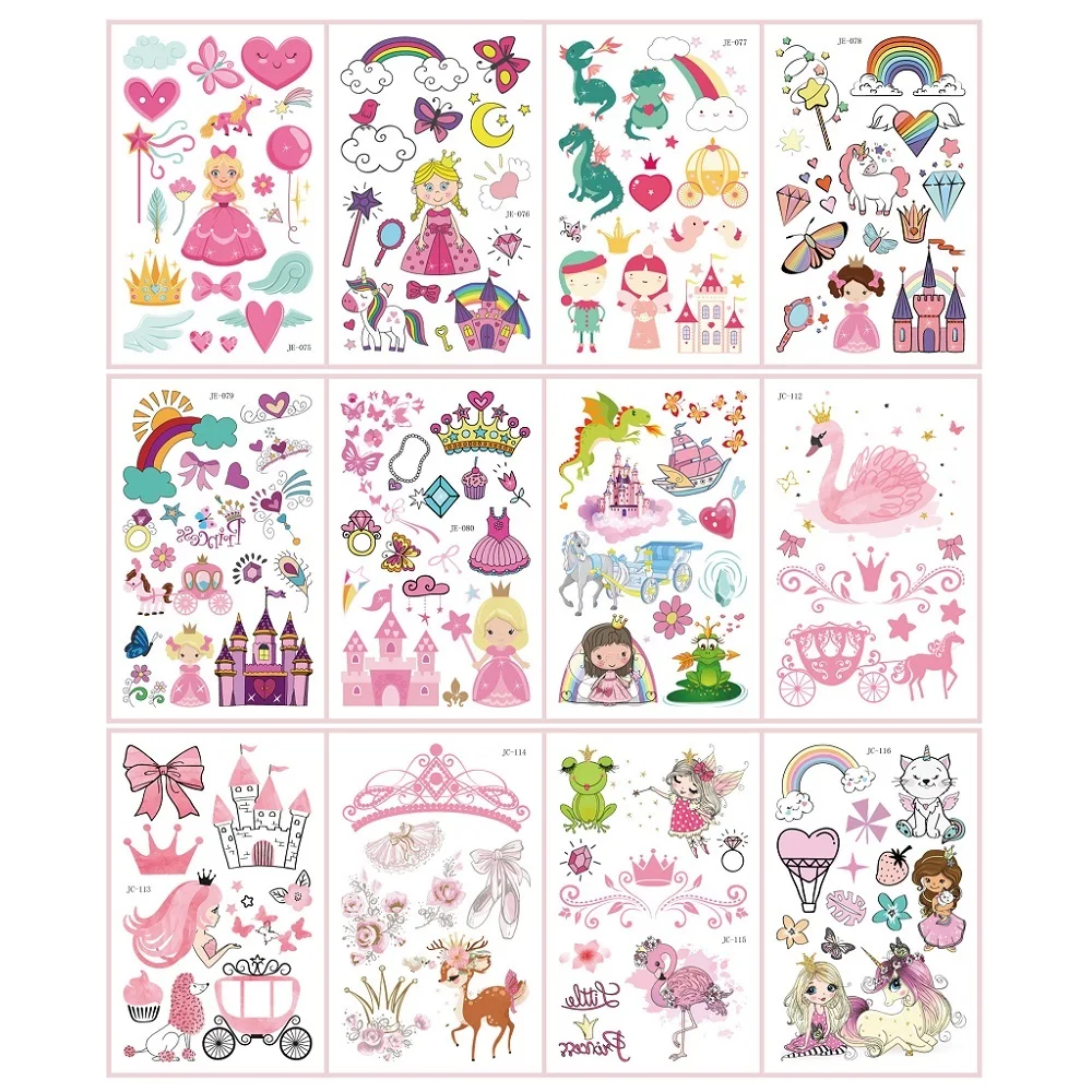 Cute Cartoon Prince Princess Castle Temporary Tattoos Waterproof Cute Kids Fake Tattoo Stickers Disposable Party Makeup Gift