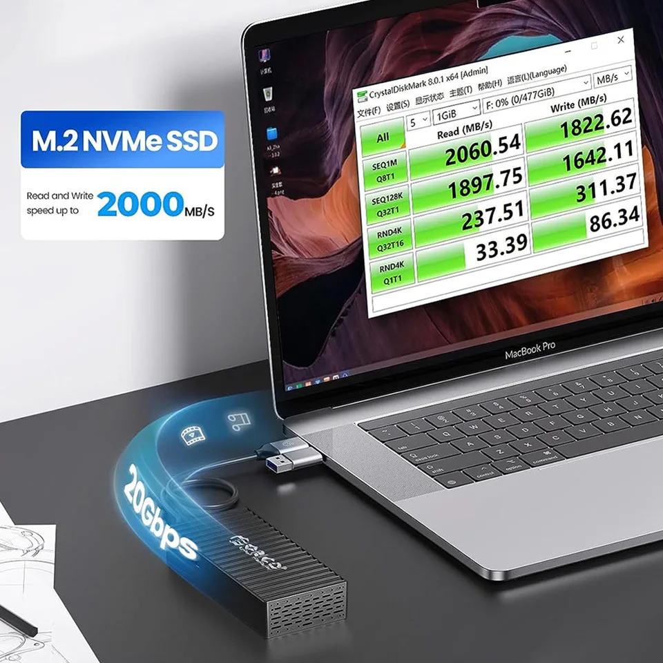 ORICO 고속 M2 NVMe SSD 인클로저, USB 3.2 GEN2 PCIe HD 외장 케이스, PC 노트북용 M.2 하드 드라이브 디스크 보관함, 20Gbps