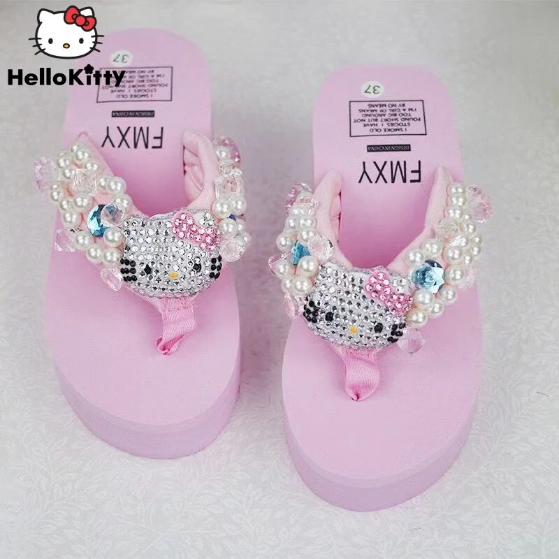 Sanrio Hello Kitty Soft Flip Flop Sandals Y2k Beach Slides Shoes Women Kawaii Casual Wedge High Heels Platform Slippers Ladies