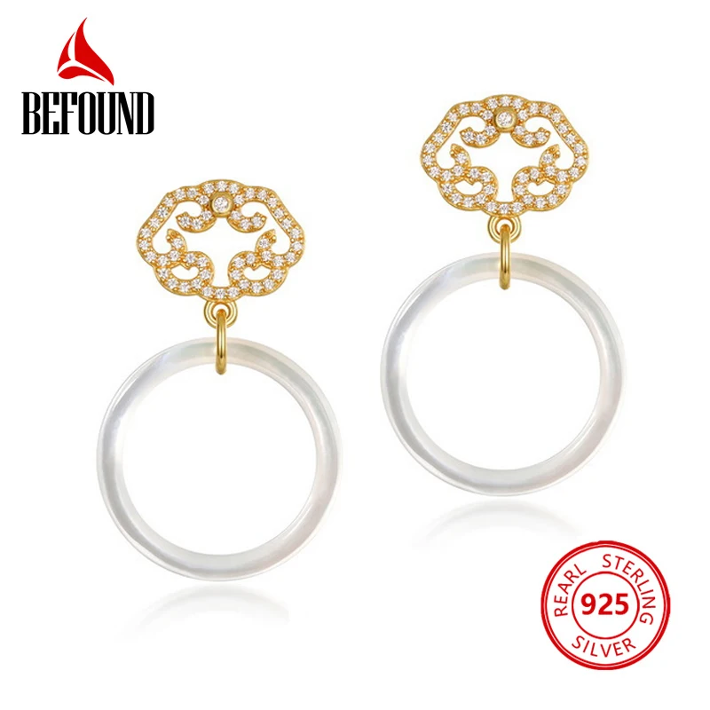 

Original 925 Sterling Silver Earrings Big Circle Shell Ruyi Dangle Earrings for Women Gold Plated Zircon Vintage Jewelry