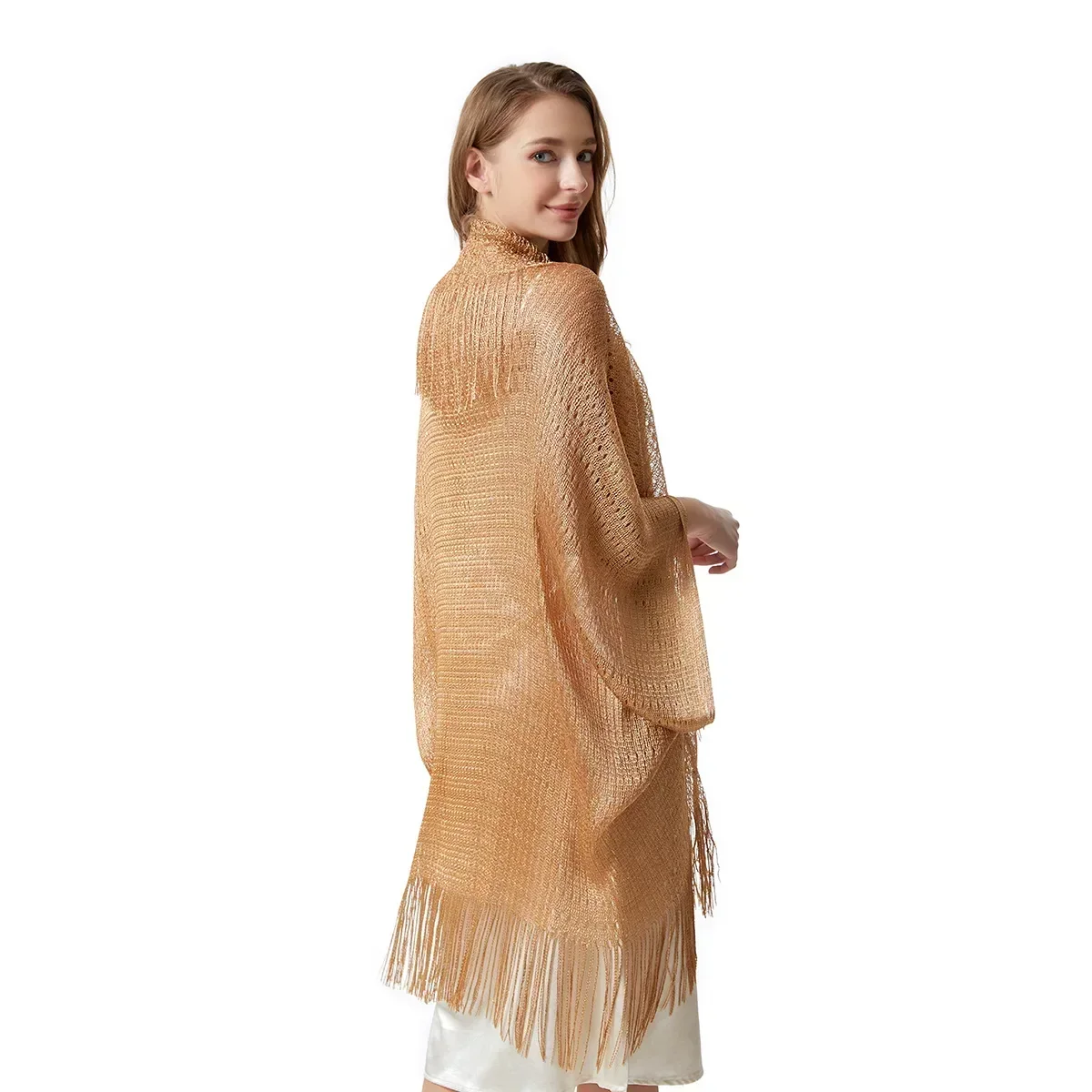 4 Colors Shawl Solid Swimsuit Bikini Cover Up Women Hollow Fringed Cardigan Bright Silk Cape Bathing Suit Cover Ups for Swimwear - 4