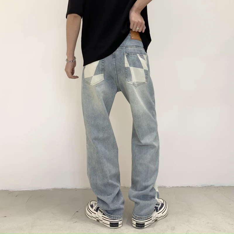 Personality stamp duty baggy jeans for men vintage blue mid waist washed denim spliced wide leg pants3xl