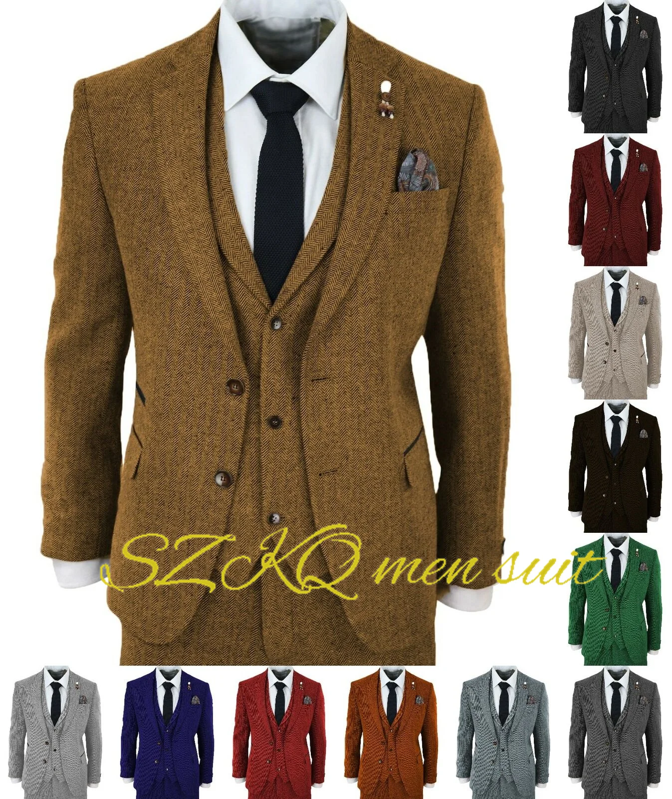 

Formal Retro Mens 3 Piece Tweed Suit Retro Herringbone Prom Groom Tuxedo Suit (Jacket Vest Pants Tie)