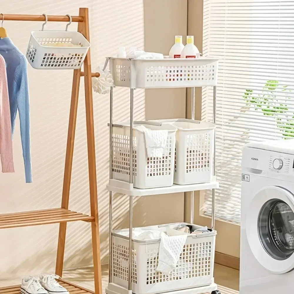 Multilayer Laundry Basket Household Dirty Clothes Storage Trolley Movable Rolling Laundry Cart Portable Bathroom Clothes Shelf 4