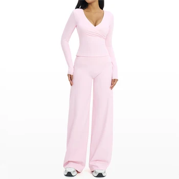 2PCS Gym Tracksuits Yoga Set Female Fitness Suit Deep V Yoga Bra Athletic Wear Women High Waist Workout Flared pants Sports Suit 1