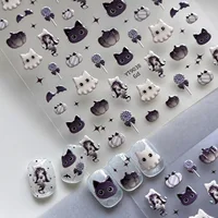 Kawai Autocollants adhésifs pour ongles en forme de chat, chaton noir fantôme, dégradé, citrouille, sucette, étoile, mignons, pour nail art et manucure 5
