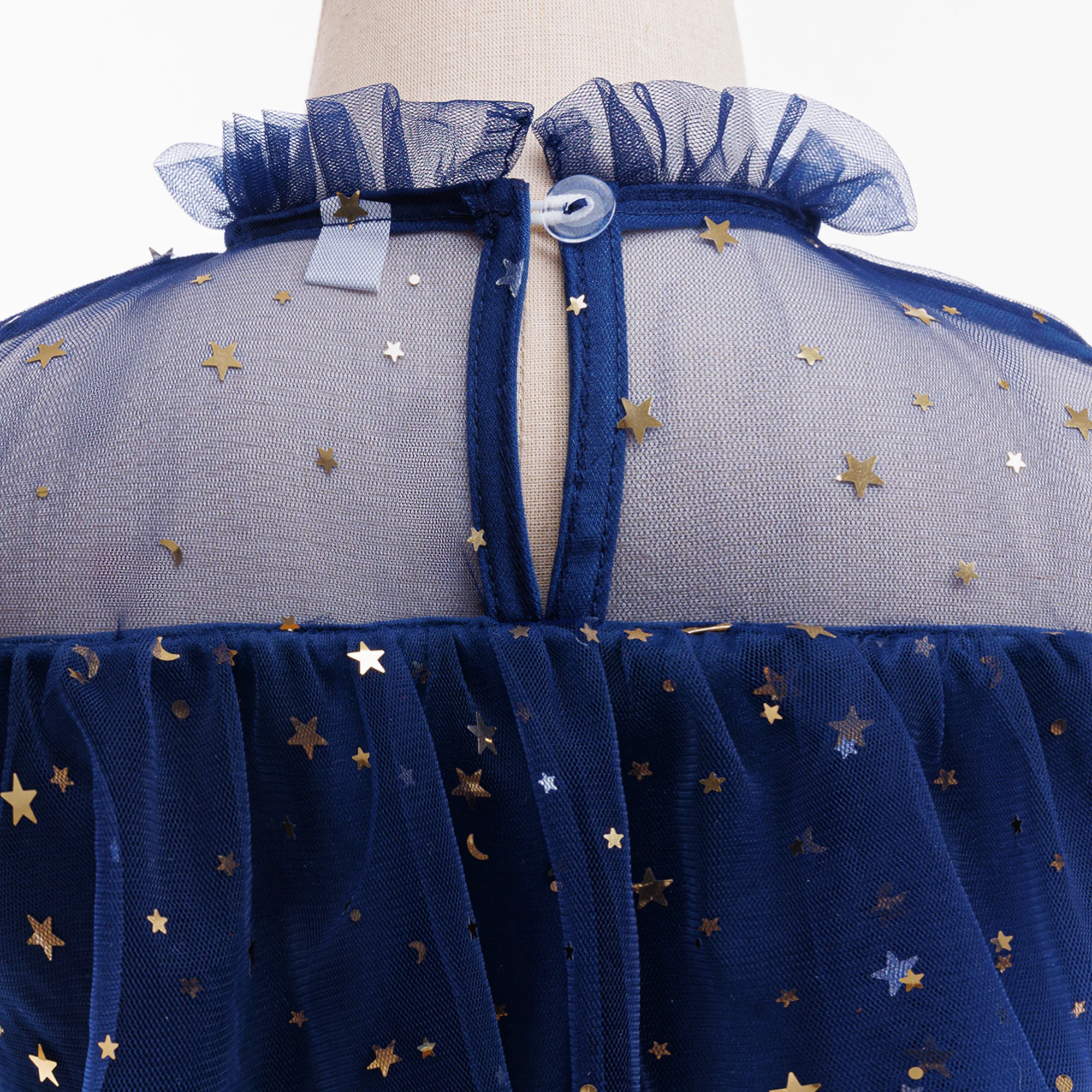 Blaues Kleid für Mädchen, Alltagskleid, mit Stern verziertes Netzkleid, geeignet für Geburtstagsfeiern, Jubiläum – Detail 7