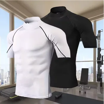 T-shirt sportiva da uomo a collo alto, ad asciugatura rapida, per bodybuilding e corsa, a maniche corte, compressione, top da palestra, fitness, aderente.