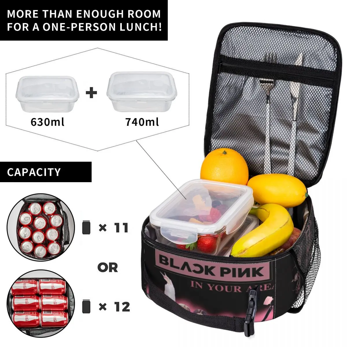 Custom Pinks Kpop-Blacks Portable Lunch Box Women Multifunction Cooler Thermal Food Insulated Lunch Bag School Children Student 3
