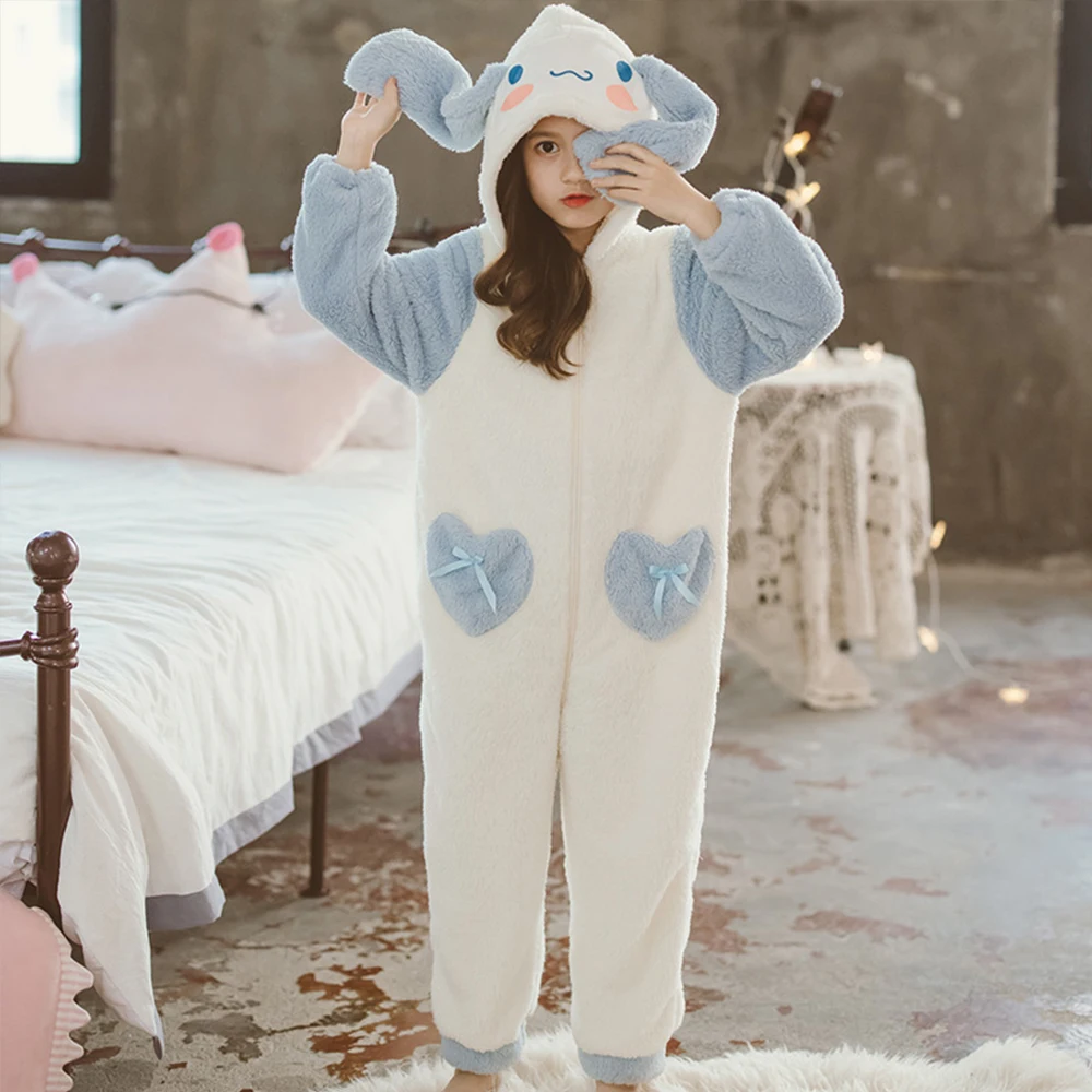 Sanrioed Anime Cinnamoroll Girls One-Piece Pajamas Kids Rompers Warm Jumpsuit Clothes Thickened Plush Pajamas Winter Homewear