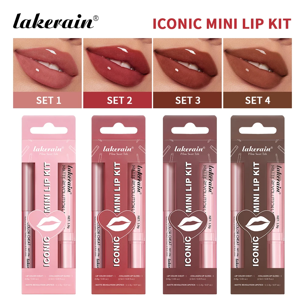 3pcs Lip Makeup Set Lip Liner Lip Gloss Lipstick Mirror Effect Beep Lips High Color Long-lasting Hydrates Travel Mini Set - 2