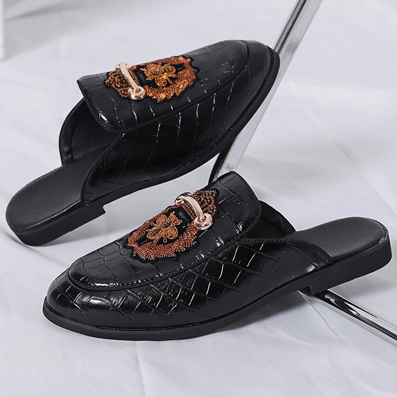 

British Style Half Shoe Crocodile Leather Men's Summer Embroidery Fashion Loafers Luxury Slippers Sandals Casual Designer Shoes