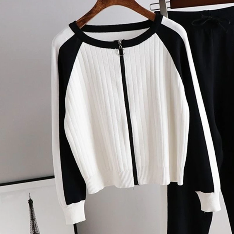 Fashion Patchwork Women Sweater 2 Piece Sets Korean Zipper Chic Sueter Tops Conjuntos Casual Mom Jogger Knitwear Pants Ensembles