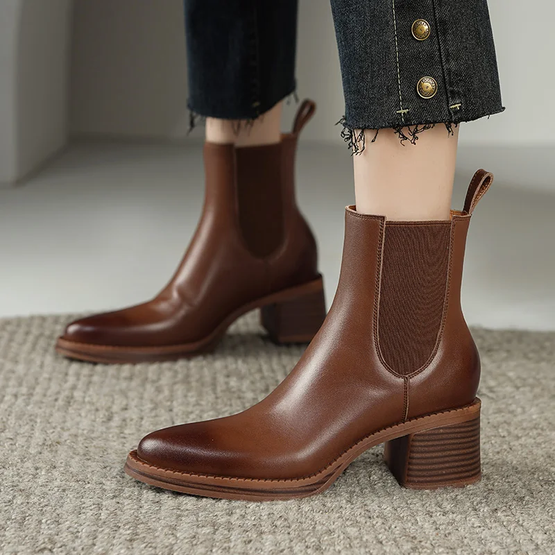 2023 Autumn Winter Women Ankle Boots Natural Leather 22-25Cm Brush Color Cowhide+Pigskin Full Leather Chelsea Boot Women'S Boot
