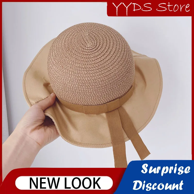 Summer Children's Straw Hat Fabric Stitching Big Brim Hat Raffia Panama Beach Straw Sun Hat Travel Sun Protection Hat