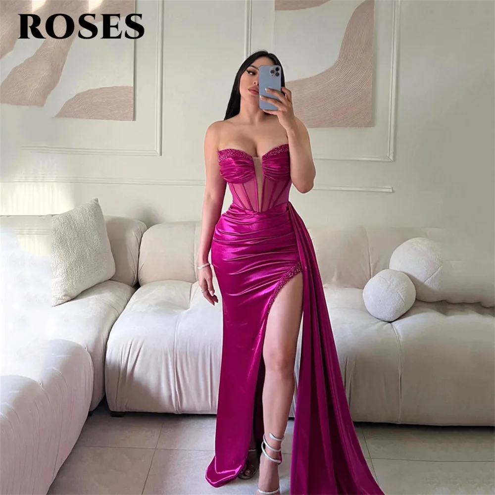 

ROSES Fuchsia Mermaid Prom Dresses With High Split Glitter Sweetheart Sleeveless Party Dresses Sexy Stain Mermaid فساتين مناسبة