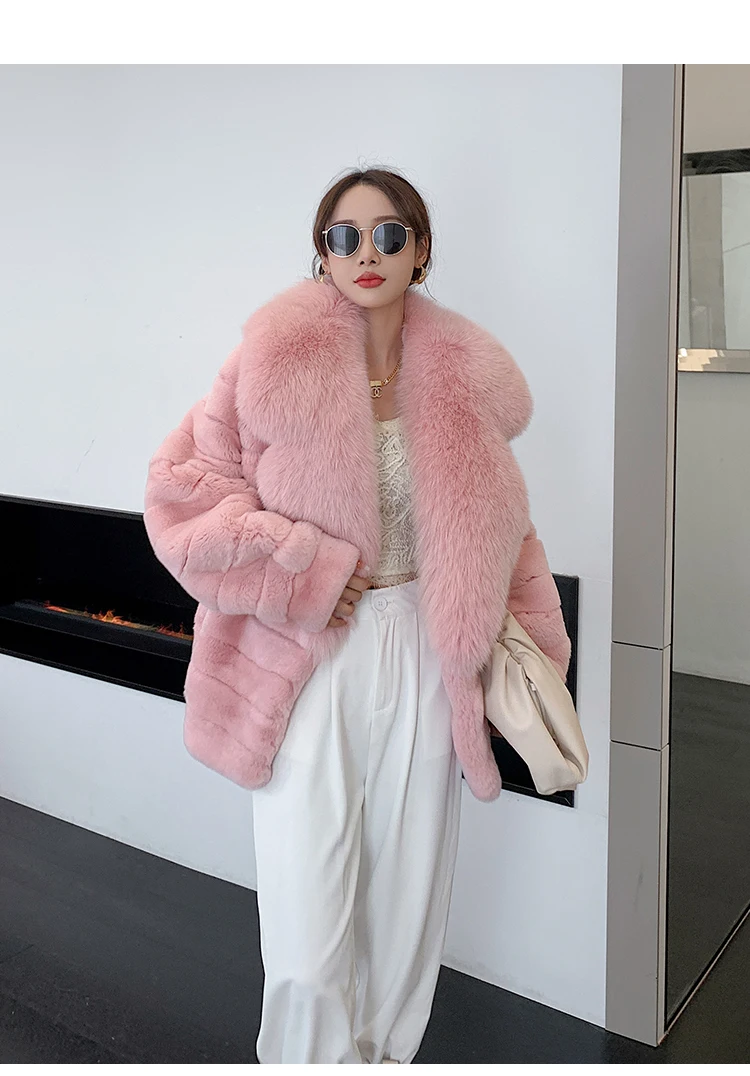 2019 Long Style Women Real Rex Rabbit Fur Coat Warm Soft Real Rex