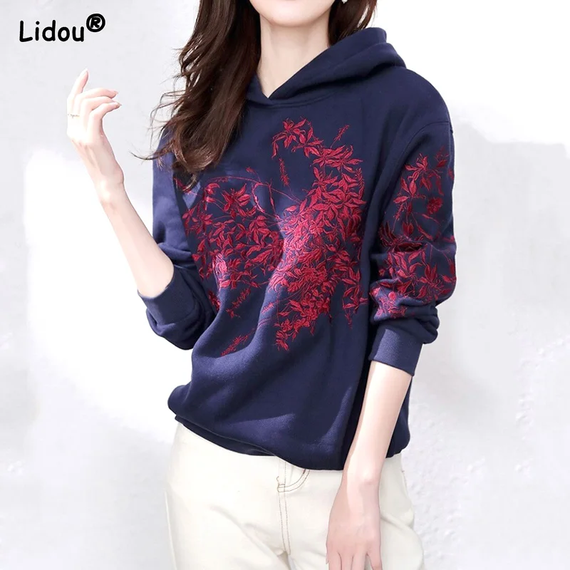 Autumn Winter Pullovers Embroidery Nylon Cotton Women's Clothing Printing Thick Casual Slight Strech Hooded Loose Sweatshirts