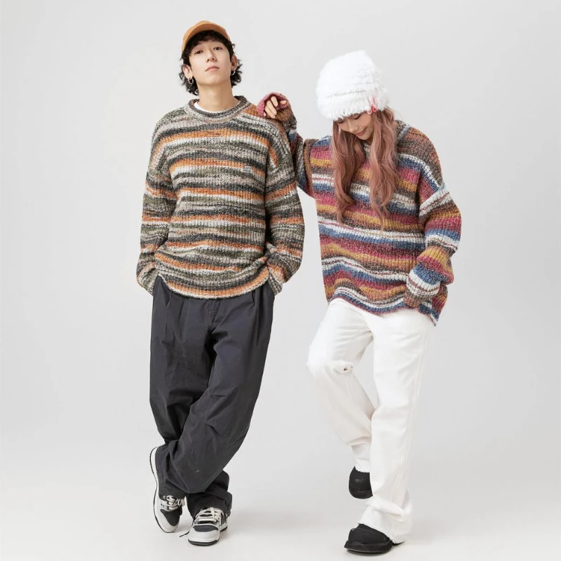 

Retro Trend Knitted Sweater Men Women Striped Contrast Oversized Pullover Unisex Streetwear Casual Wool Jumper Autumn Winter New