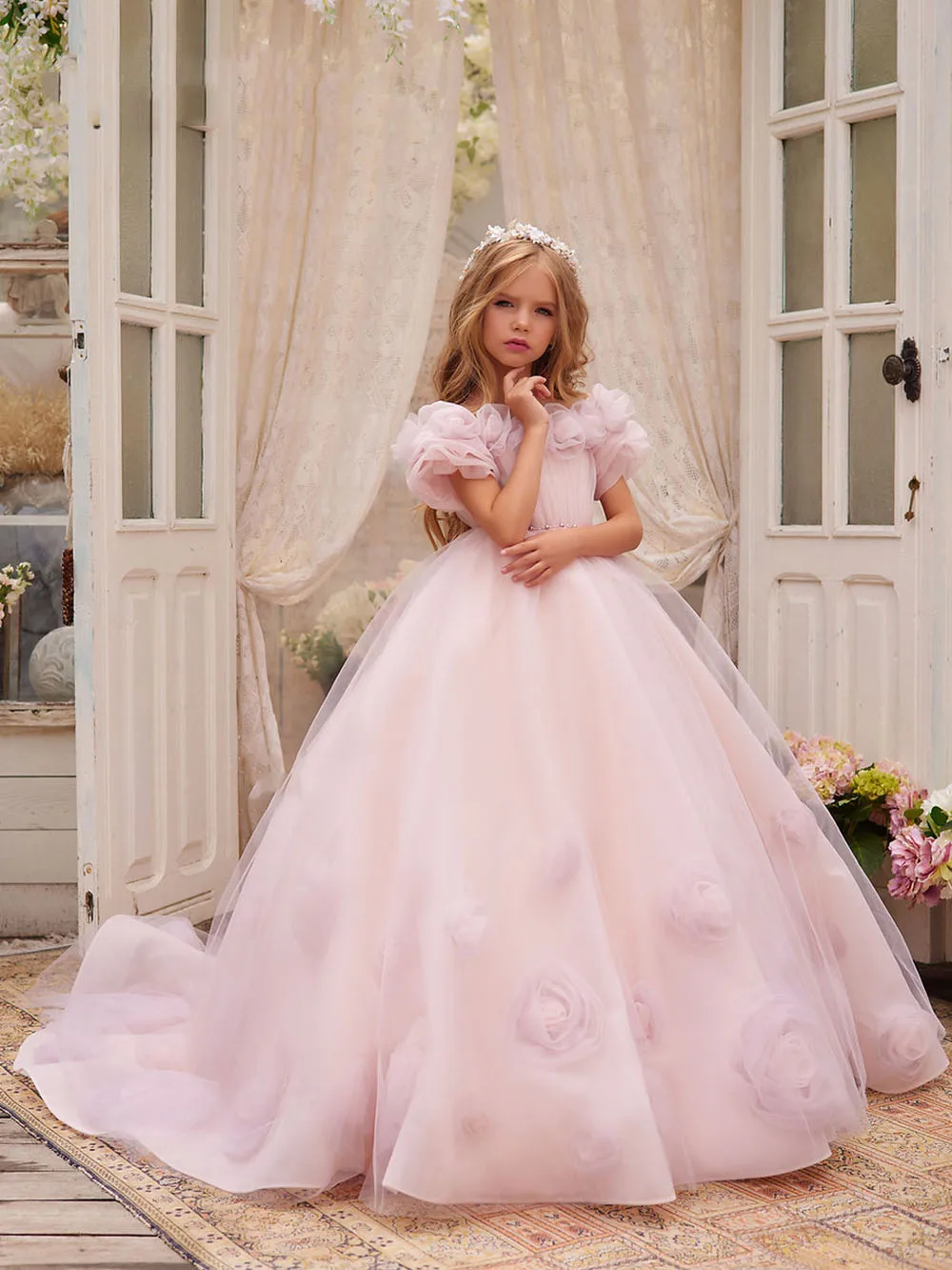 Pink Tulle Flower Girl Dress Wedding Applique Puffy Short Sleeves Princess Dress Birthday Party First Communion Ball Gown
