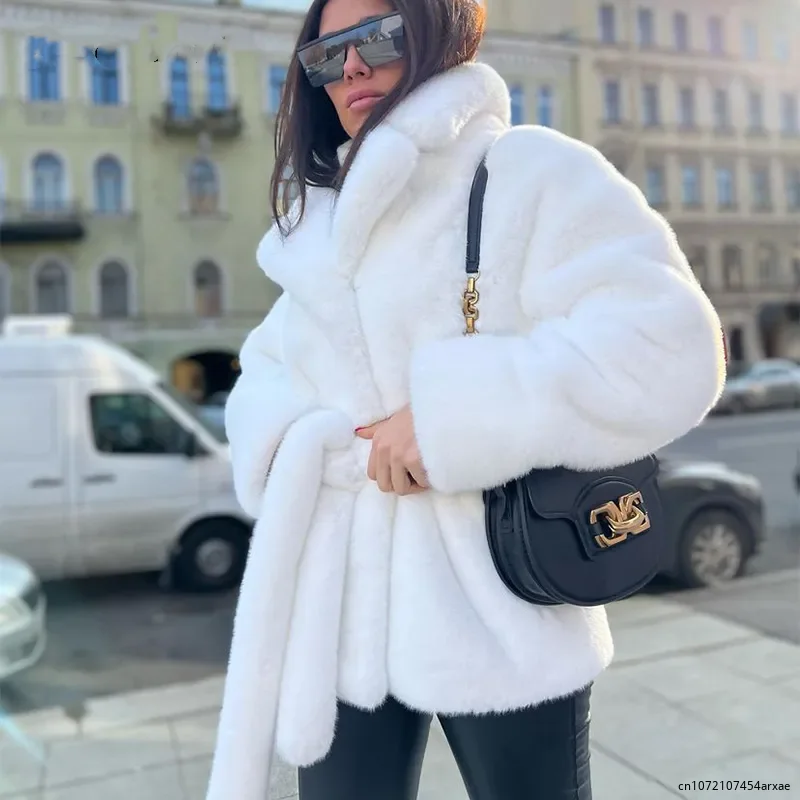 

Luxury Pure White Belted Faux Fur Coat Women Thick Warm Fluffy Plush Jacket Chic Ladies Street Fashion Winter Overcoats Outfits