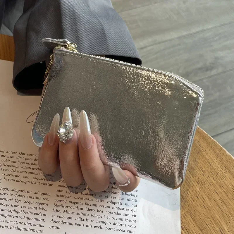 Fashion Genuine Leather Storage Bag Zipper Coin Purse Mini Cute Silver Wallet for Women Portable Key Card Coin Organizer Pouch