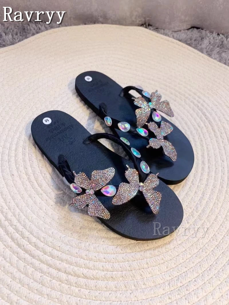 Bling Diamond Butterfly Soft Bottom Slippers Women Shine Rhinestones Flat Heel Flip-Flops Summer Beach Outdoor Shoes