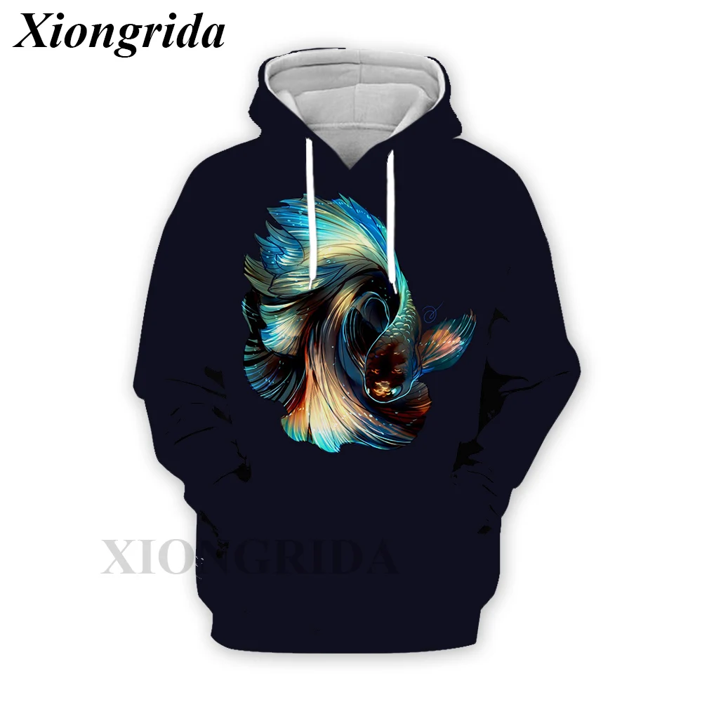 Fashion Fish Print Hoodies Men Casual Long Sleeve Tropical Fish All Over Print Sweatshirts Harajuku Unisex Sports Hood Top