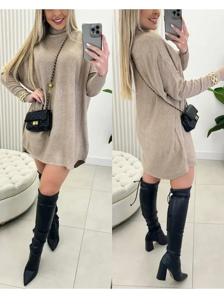 Lässige, schlichte Strick-Minikleider für Damen, Stehkragen, Fledermausärmel, Pullover, Damen-Tageskleidung, Herbst, 2025
