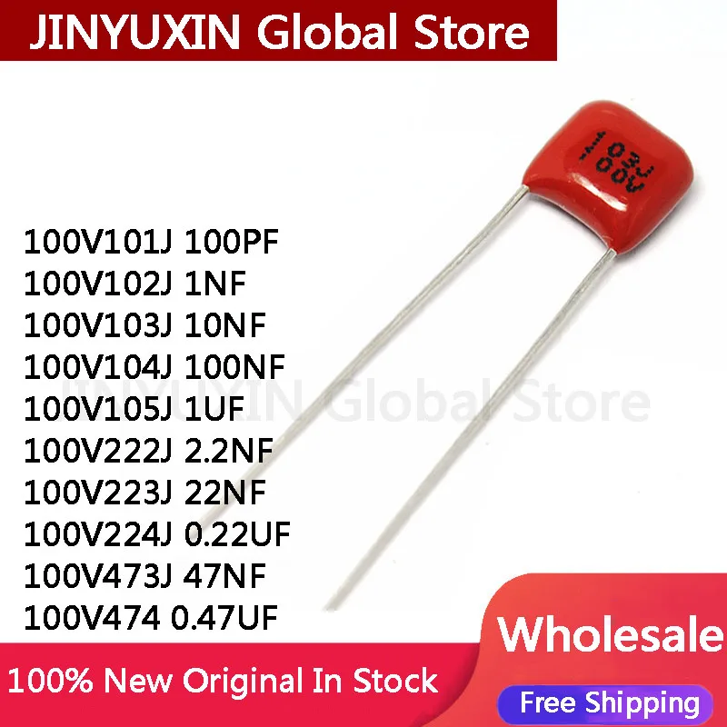 

100 шт. 100 в 101J 102J 103J 104J 105J 222J 223J 472J 473J 0,01 UF 0,1 uF 1UF 1NF 2.2NF 4.7NF 10NF 100PF P = 5 мм CBB конденсаторы P5