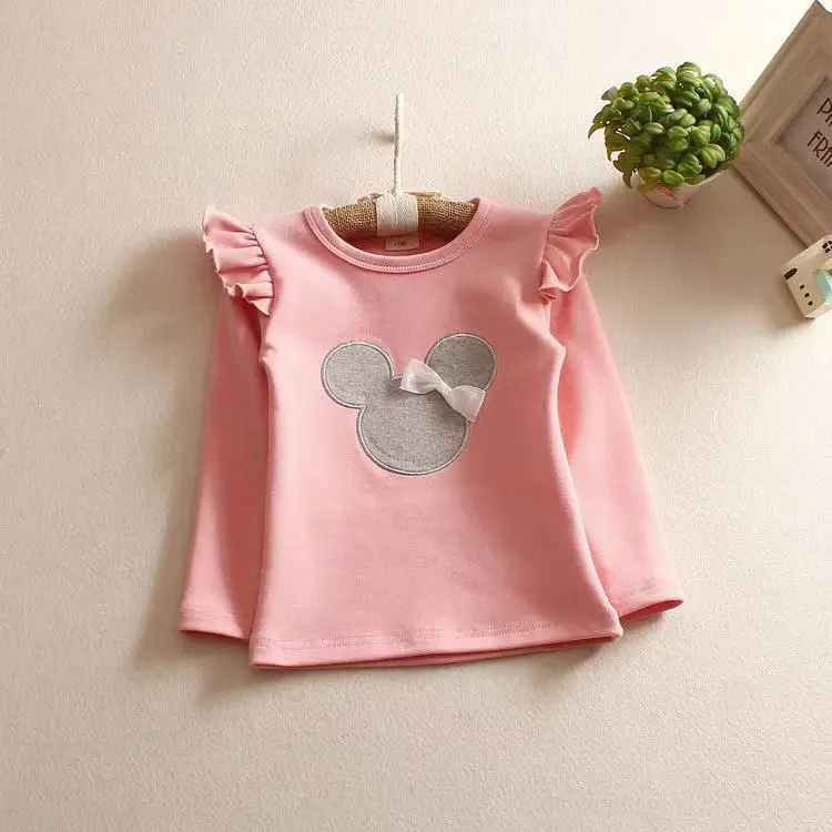 New Full Sleeve Spring Autumn T-shirt Ruffles Sleeve Cute Pattern Blouse for Kids Girls Solid Cotton Winter Tops for 3-8Yrs