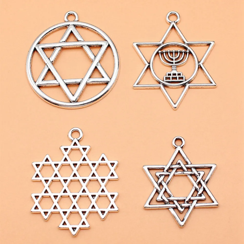 

4pcs/lot Antique Silver Color Star Of David Charms Collection For Jewelry Making Components