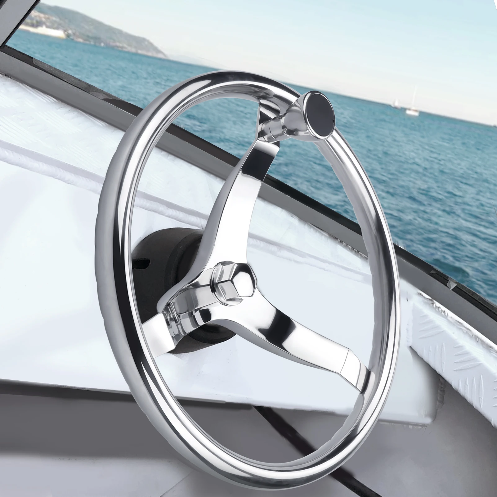 Mirror Polished Stainless Steel Steering Wheel Boat with Control Knob and 5/8 \