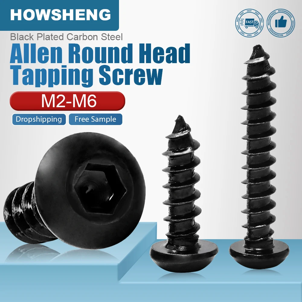 

HOWSHENG Hex Socket Button Round Head Self Tapping Screw M2 M2.5 M3 M4 M5 M6 Grade 8.8 Black Plated Allen Head Screw for Wood