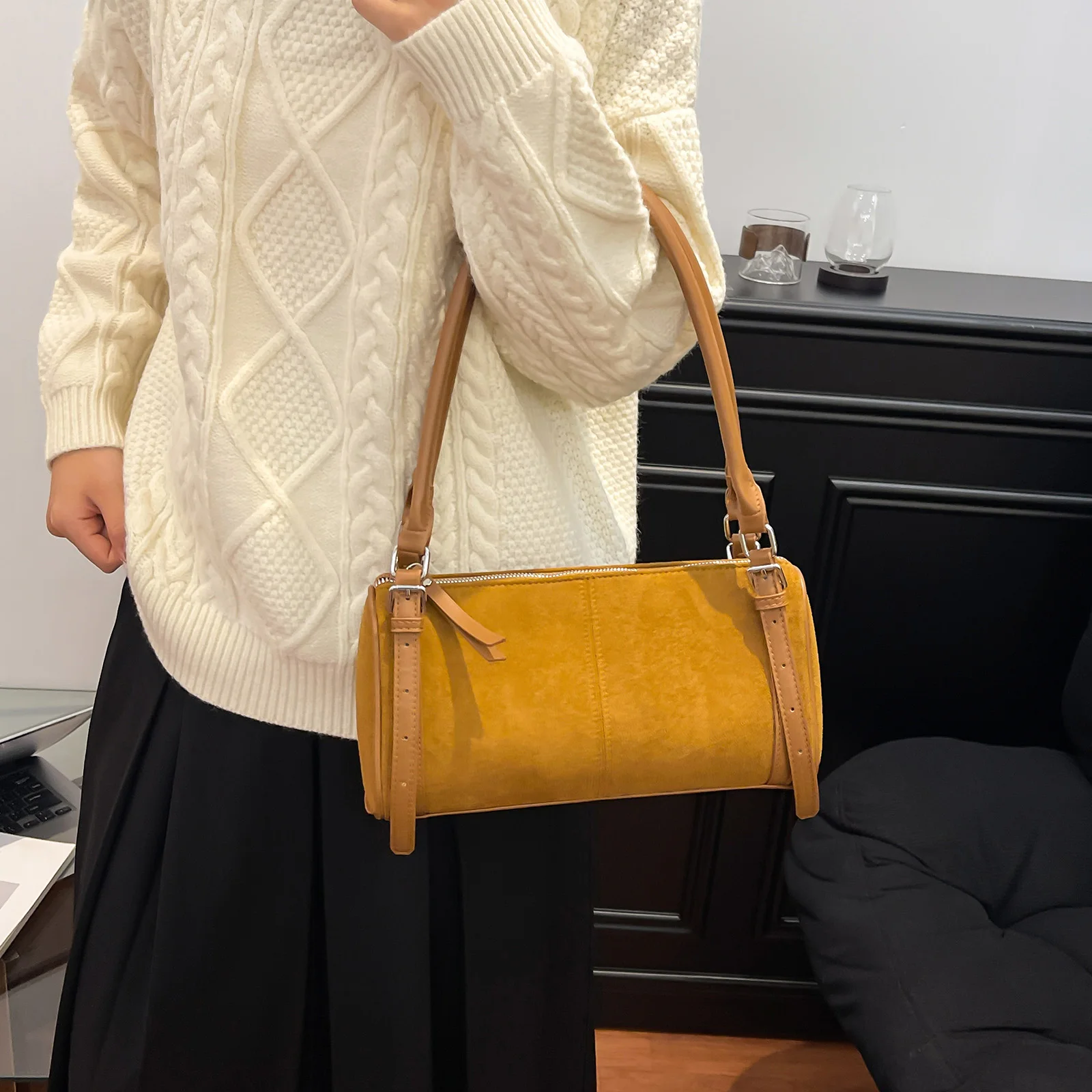 Cylinder Bag Lightweight Underarm Purse Elegant Boston Barrel Sling Handbags Solid Color for Women Ladies Work Travel Commuting