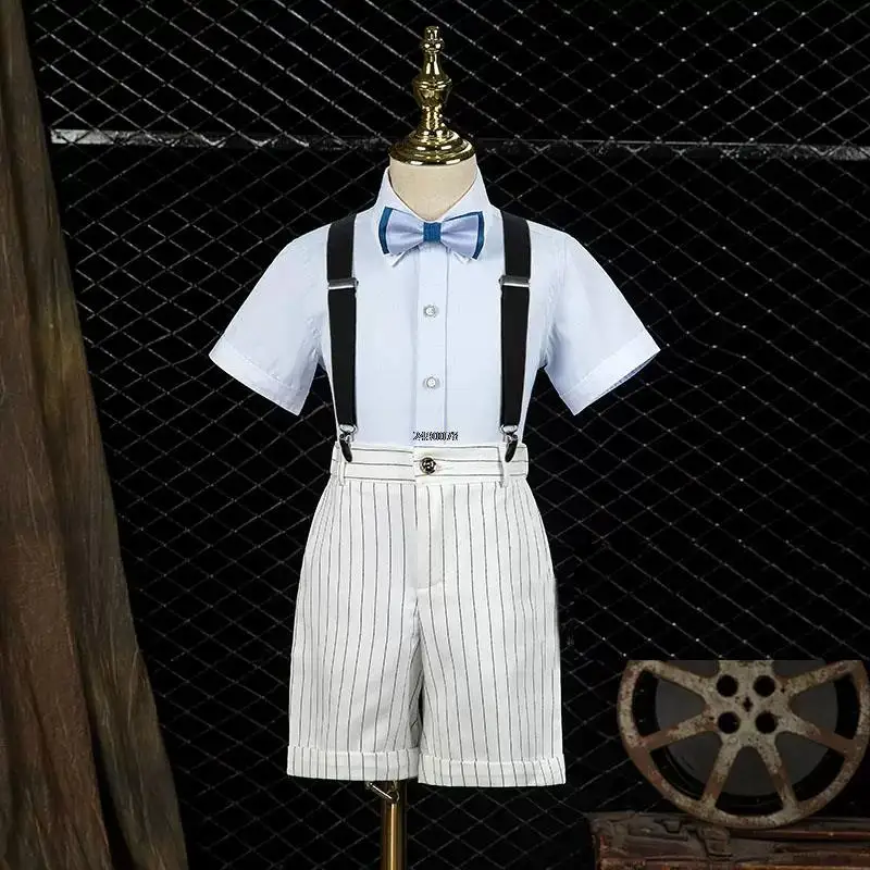 

Boys Summer Clothing Set Kids Formal Strap Shirt Shorts Bowtie Wedding Birthday Dress Children Piano Dance Performance Costume