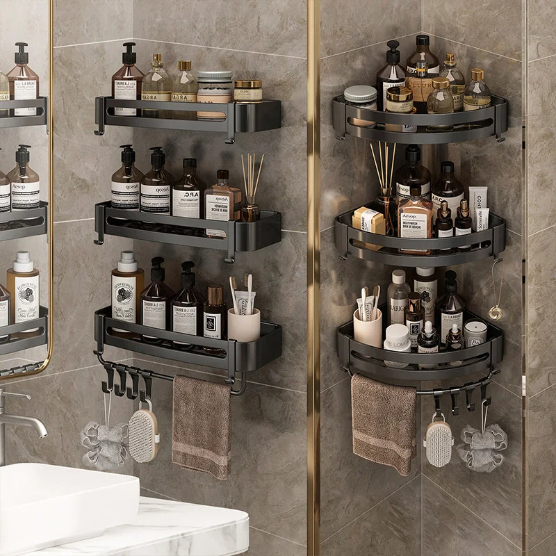 Bathroom Shelf Wall Mounted Storage Rack Shower Shampoo Holder With Hooks Thickened Toilet Oragnizer Kitchen Accessories |