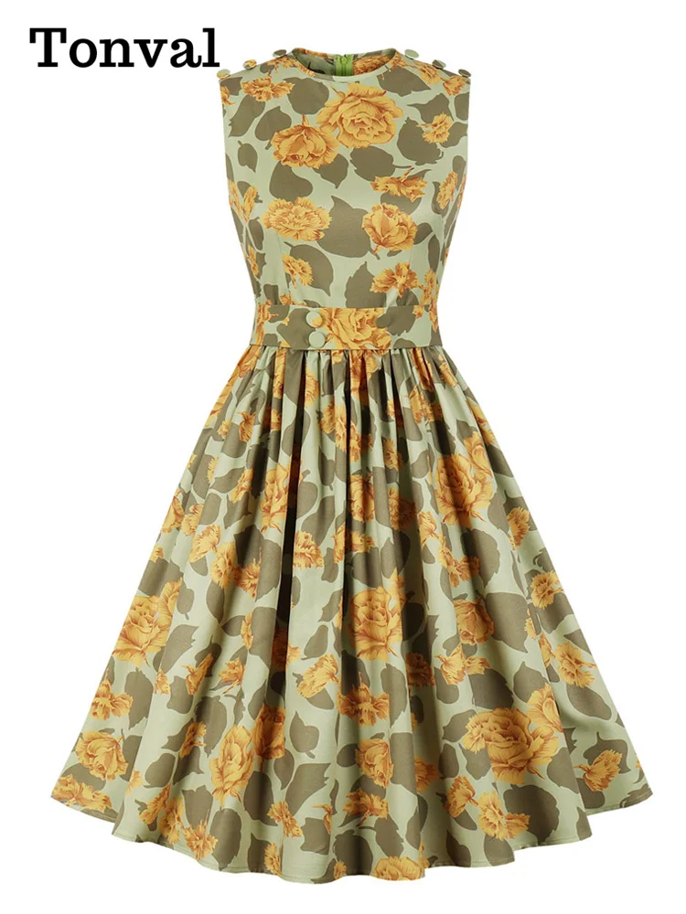 Tonval Yellow Floral Print Buttons High Waist Pinup 50s Vintage Pleated Dress Sleeveless Summer